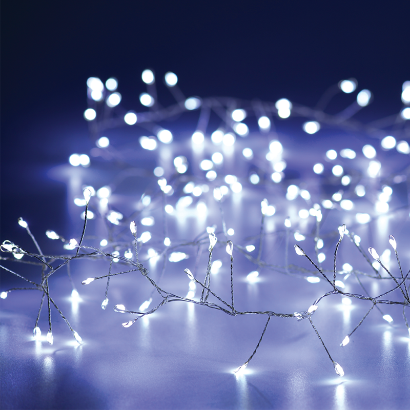  300 CLUSTER LED ΛΑΜΠΑΚ ΣΕΙΡΑ, CW, ΑΣΗΜΙ ΚΑΛΩΔ. ΧΑΛΚΟΥ,ΑΝΤΑΠΤ.(4.5VDC) & 8 ΠΡΟΓΡΑΜ.,IP44  3m+3m 6W