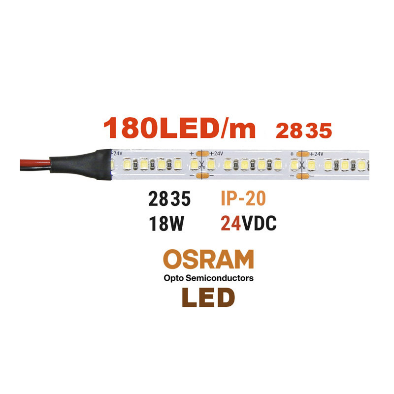 ΤΑΙΝΙΑ LED 5m 24VDC 18W/m 2835 180LED/m 3000K IP20(OSRAM LED)