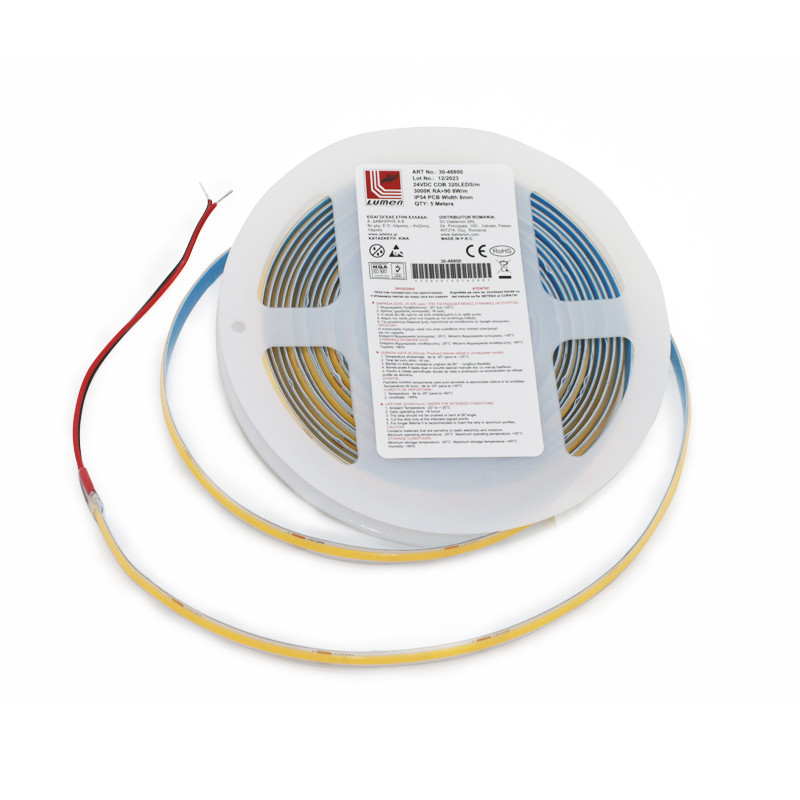 ΤΑΙΝΙΑ COB LED 5m 24VDC 11W/m 480LED/m 3000K ΘΕΡΜΟ IP54