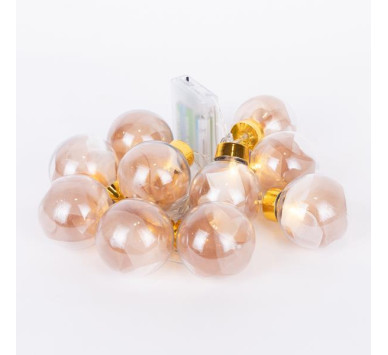 ΣΕΙΡΑ, 10 LED 5mm, ΔΙΑΚΟΣΜΗΤΙΚEΣ ΜΠΑΛΕΣ ΜΕ ΡΟΖ ΧΡΥΣΟ ΥΦΑΣΜΑ, ΜΠΑΤΑΡΙΑΣ 3ΧΑΑ, ΧΡΟΝΟΔΙΑΚΟΠΤΗ, ΘΕΡΜΟ ΛΕΥΚΟ LED ΑΝΑ 15cm,  ΔΙΑΦΑΝΟ PVC ΚΑΛΩΔΙΟ, ΠΡΟΕΚΤΑΣΗ ΠΑΡΟΧΗΣ 30cm, IP20