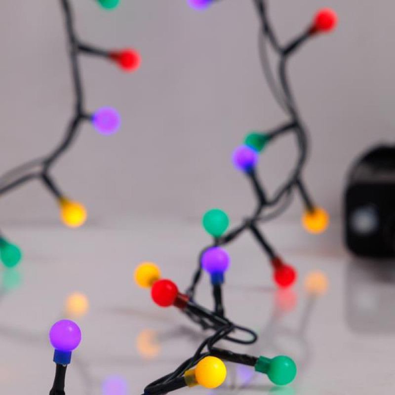 ΣΕΙΡΑ, 100 LED 3mm, ΧΡΩΜΑΤΙΣΤΕΣ ΜΠΑΛΙΤΣΕΣ 0.9cm, 31V ΜΕΤΑΣΧΗΜΑΤΙΣΤΗ, 8 ΠΡΟΓΡΑΜΜΑΤΑ & ΜΝΗΜΗ, ΠΡΑΣΙΝΟ PVC ΚΑΛΩΔΙΟ, ΧΡΩΜΑΤΙΣΤΟ LED ΑΝΑ 3cm, ΠΡΟΕΚΤΑΣΗ ΠΑΡΟΧΗΣ 3m, IP44