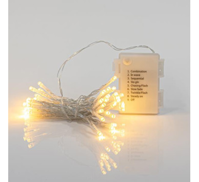 ΣΕΙΡΑ, 96 LED 3mm, BATTERY BOX 3xAA, 8 ΠΡΟΓΡΑΜΜΑΤΑ & ΜΝΗΜΗ, TIMER, ΔΙΑΦΑΝΟ PVC ΚΑΛΩΔΙΟ, ΘΕΡΜΟ ΛΕΥΚΟ LED ΑΝΑ 10cm, ΠΡΟΕΚΤΑΣΗ ΠΑΡΟΧΗΣ 30cm, IP44 (DISPLAY BOX 16τμχ)