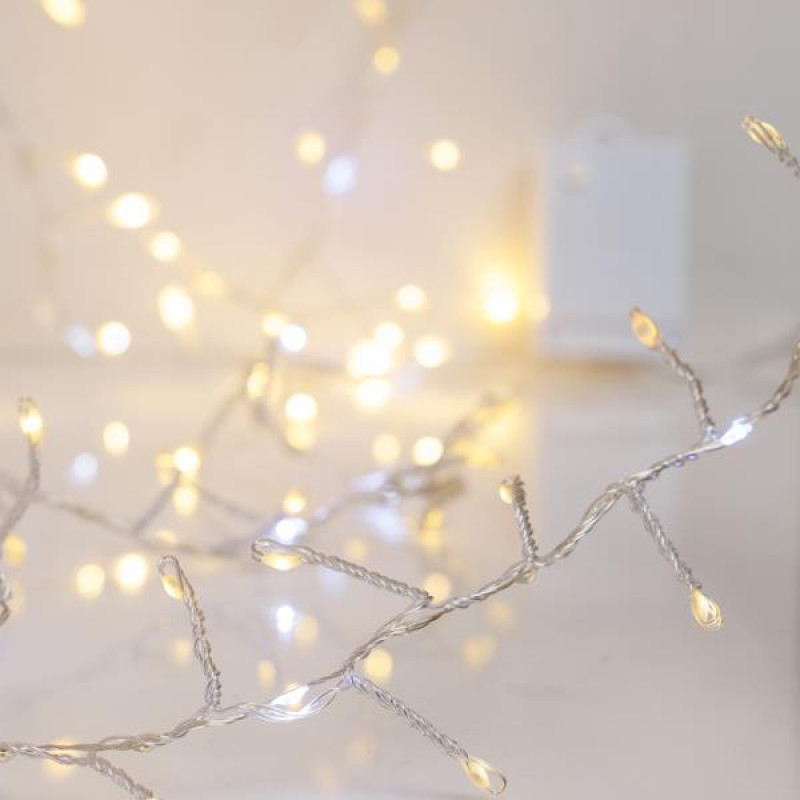 CLUSTER 2,5m, 300 MINI LED, ΜΕΤΑΣΧΗΜΑΤΙΣΤΗ, ΣΤΑΘΕΡΟ, ΑΣΗΜΙ ΧΑΛΚΙΝΟ ΚΑΛΩΔΙΟ, 100 ΘΕΡΜΟ ΛΕΥΚΟ LED, 100 ΛΕΥΚΟ LED ΜΕ ΠΡΟΓΡΑΜΜΑ SNOWFALL, ΠΡΟΕΚΤΑΣΗ ΠΑΡΟΧΗΣ 5m, IP44