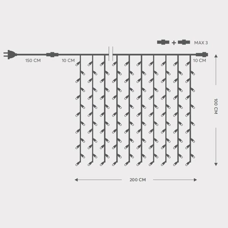 ΚΟΥΡΤΙΝΑ, 200 LED 5mm ΜΕ ΚΑΛΥΜΜΑ, 230V, 3 ΕΠΕΚΤΑΣΕΙΣ ΕΩΣ 5 ΣΕΤ, ΠΡΑΣΙΝΟ ΚΑΟΥΤΣΟΥΚ ΚΑΛΩΔΙΟ, ΘΕΡΜΟ ΛΕΥΚΟ LED (H100 x W200cm, 20 ΓΡΑΜΜΕΣ x 10 LED), ΠΡΟΕΚΤΑΣΗ ΠΑΡΟΧΗΣ 1.5m, ΙΡ65