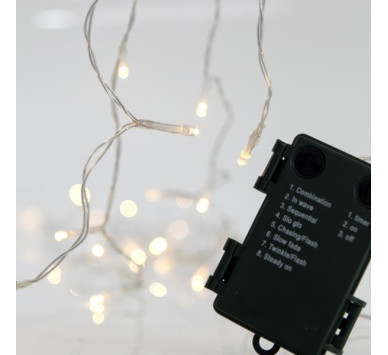 ΣΕΙΡΑ, 20 LED 5mm, ΜΠΑΤΑΡΙΑΣ 3xAA, 8 ΠΡΟΓΡΑΜΜΑΤΑ, ΧΡΟΝΟΔΙΑΚΟΠΤΗ, ΔΙΑΦΑΝΟ PVC ΚΑΛΩΔΙΟ, ΘΕΡΜΟ ΛΕΥΚΟ LED ΑΝΑ 10cm, ΠΡΟΕΚΤΑΣΗ ΠΑΡΟΧΗΣ 50cm, IP44