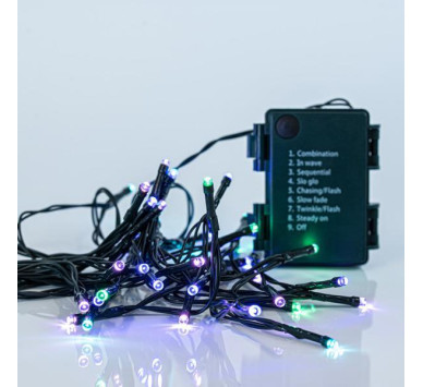 ΣΕΙΡΑ, 48 LED 3mm, ΜΠΑΤΑΡΙΑΣ 3xAA, 8 ΠΡΟΓΡΑΜΜΑΤΑ & ΜΝΗΜΗ, TIMER, ΠΡΑΣΙΝΟ PVC ΚΑΛΩΔΙΟ, OPAL ΧΡΩΜΑΤΙΣΤΟ LED ΑΝΑ 7.5cm, ΠΡΟΕΚΤΑΣΗ ΠΑΡΟΧΗΣ 50cm, IP44