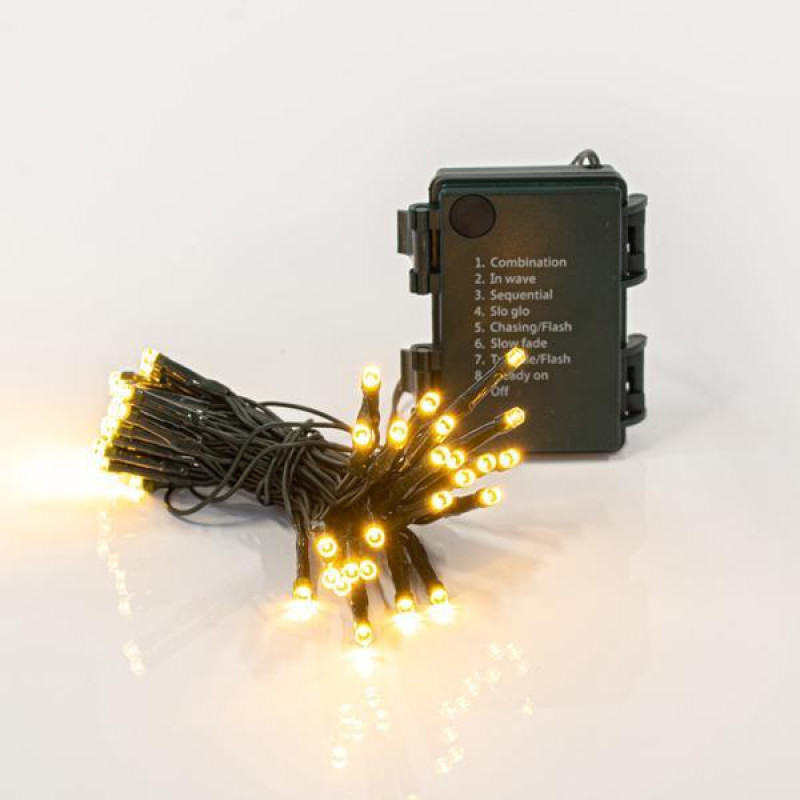 ΣΕΙΡΑ, 48 LED 3mm, ΜΠΑΤΑΡΙΑΣ 3xAA, 8 ΠΡΟΓΡΑΜΜΑΤΑ & ΜΝΗΜΗ, TIMER, ΠΡΑΣΙΝΟ PVC ΚΑΛΩΔΙΟ, ΘΕΡΜΟ ΛΕΥΚΟ LED ΑΝΑ 7.5cm, ΠΡΟΕΚΤΑΣΗ ΠΑΡΟΧΗΣ 50cm, IP44