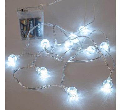 ΣΕΙΡΑ, 10 LED 5mm, ΑΚΡΥΛΙΚΕΣ ΔΙΑΦΑΝΕΣ ΜΠΑΛΕΣ 1.8cm, ΜΠΑΤΑΡΙΑΣ 3xAA, ΔΙΑΦΑΝΟ PVC ΚΑΛΩΔΙΟ, ΛΕΥΚΟ LED ΑΝΑ 15cm, ΠΡΟΕΚΤΑΣΗ ΠΑΡΟΧΗΣ 50cm, IP20
