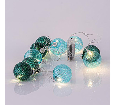 ΣΕΙΡΑ, 10 LED 5mm, ΠΡΑΣΙΝΕΣ ΓΥΑΛΙΝΕΣ ΜΠΑΛΕΣ 6cm, ΜΠΑΤΑΡΙΑΣ 3xAA, ΔΙΑΦΑΝΟ PVC ΚΑΛΩΔΙΟ, ΘΕΡΜΟ ΛΕΥΚΟ LED ΑΝΑ 15cm, ΠΡΟΕΚΤΑΣΗ ΠΑΡΟΧΗΣ 50cm, IP20