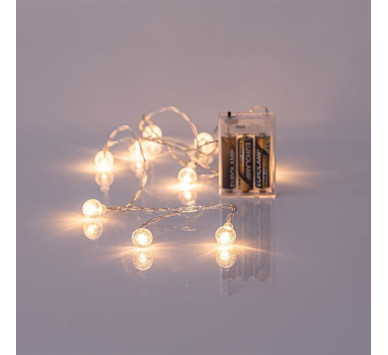 ΣΕΙΡΑ, 10 LED 5mm, ΑΚΡΥΛΙΚΕΣ ΔΙΑΦΑΝΕΣ ΜΠΑΛΕΣ 1.8cm, ΜΠΑΤΑΡΙΑΣ 3xAA, ΔΙΑΦΑΝΟ PVC ΚΑΛΩΔΙΟ, ΘΕΡΜΟ ΛΕΥΚΟ LED ΑΝΑ 15cm, ΠΡΟΕΚΤΑΣΗ ΠΑΡΟΧΗΣ 50cm, IP20