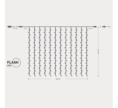 ΚΟΥΡΤΙΝΑ, 500 FLASH LED 5mm, 31V ΜΕΤΑΣΧΗΜΑΤΙΣΤΗ, 4 ΕΠΕΚΤΑΣΕΙΣ ΕΩΣ 3 ΣΕΤ, ΔΙΑΦΑΝΟ PVC ΚΑΛΩΔΙΟ, ΘΕΡΜΟ ΛΕΥΚΟ LED (H250 x L300cm, 20 ΣΕΙΡΕΣ x 25 LED), ΠΡΟΕΚΤΑΣΗ ΠΑΡΟΧΗΣ 3m, ΙΡ44