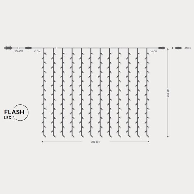 ΚΟΥΡΤΙΝΑ, 500 FLASH LED 5mm, 31V ΜΕΤΑΣΧΗΜΑΤΙΣΤΗ, 4 ΕΠΕΚΤΑΣΕΙΣ ΕΩΣ 3 ΣΕΤ, ΔΙΑΦΑΝΟ PVC ΚΑΛΩΔΙΟ, ΘΕΡΜΟ ΛΕΥΚΟ LED (H250 x L300cm, 20 ΣΕΙΡΕΣ x 25 LED), ΠΡΟΕΚΤΑΣΗ ΠΑΡΟΧΗΣ 3m, ΙΡ44