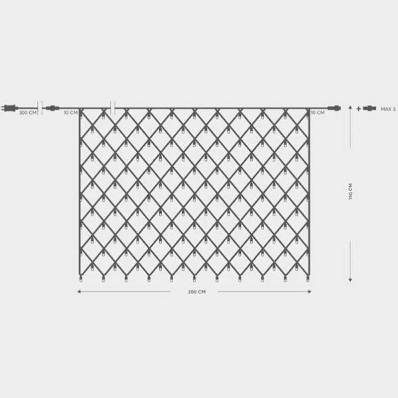ΔΙΧΤΥ, 240 LED 3mm, 36V ΜΕΤΑΣΧΗΜΑΤΙΣΤΗ, 4 ΕΠΕΚΤΑΣΕΙΣ ΕΩΣ 3 ΣΕΤ, ΠΡΑΣΙΝΟ PVC ΚΑΛΩΔΙΟ, ΘΕΡΜΟ ΛΕΥΚΟ LED (H150 x W200cm), ΠΡΟΕΚΤΑΣΗ ΠΑΡΟΧΗΣ 3m, ΙΡ44