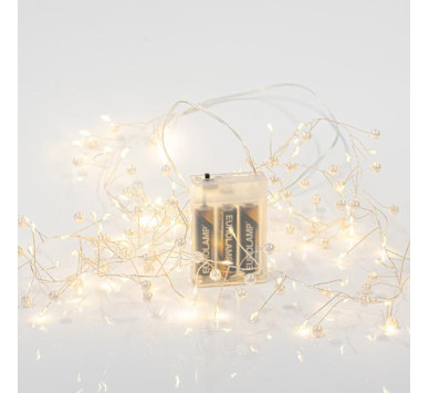 CLUSTER 2m, 120 MINI LED, ΠΕΡΛΕΣ, ΜΠΑΤΑΡΙΑΣ 3xAA, ΑΣΗΜΙ ΧΑΛΚΙΝΟ ΚΑΛΩΔΙΟ, ΘΕΡΜΟ ΛΕΥΚΟ LED, ΠΡΟΕΚΤΑΣΗ ΠΑΡΟΧΗΣ 50cm, IP20