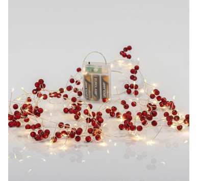 ΣΕΙΡΑ, 72 MINI LED, ΚΟΚΚΙΝΑ BERRIES 1.2cm, ΜΠΑΤΑΡΙΑΣ 3xAA, ΧΡΟΝΟΔΙΑΚΟΠΤΗ, ΑΣΗΜΙ ΧΑΛΚΙΝΟ ΚΑΛΩΔΙΟ, ΘΕΡΜΟ ΛΕΥΚΟ LED ΑΝΑ 10cm, ΠΡΟΕΚΤΑΣΗ ΠΑΡΟΧΗΣ 50cm, IP20