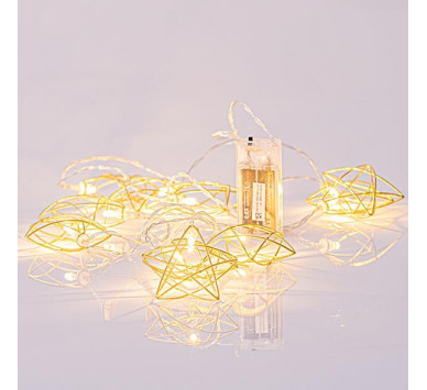 ΣΕΙΡΑ, 10 LED 5mm, ΧΡΥΣΑ ΜΕΤΑΛΛΙΚΑ ΑΣΤΕΡΙΑ, ΜΠΑΤΑΡΙΑΣ 2xAA, ΔΙΑΦΑΝΟ PVC ΚΑΛΩΔΙΟ, ΘΕΡΜΟ ΛΕΥΚΟ LED ΑΝΑ 15cm, ΠΡΟΕΚΤΑΣΗ ΠΑΡΟΧΗΣ 30cm, IP20