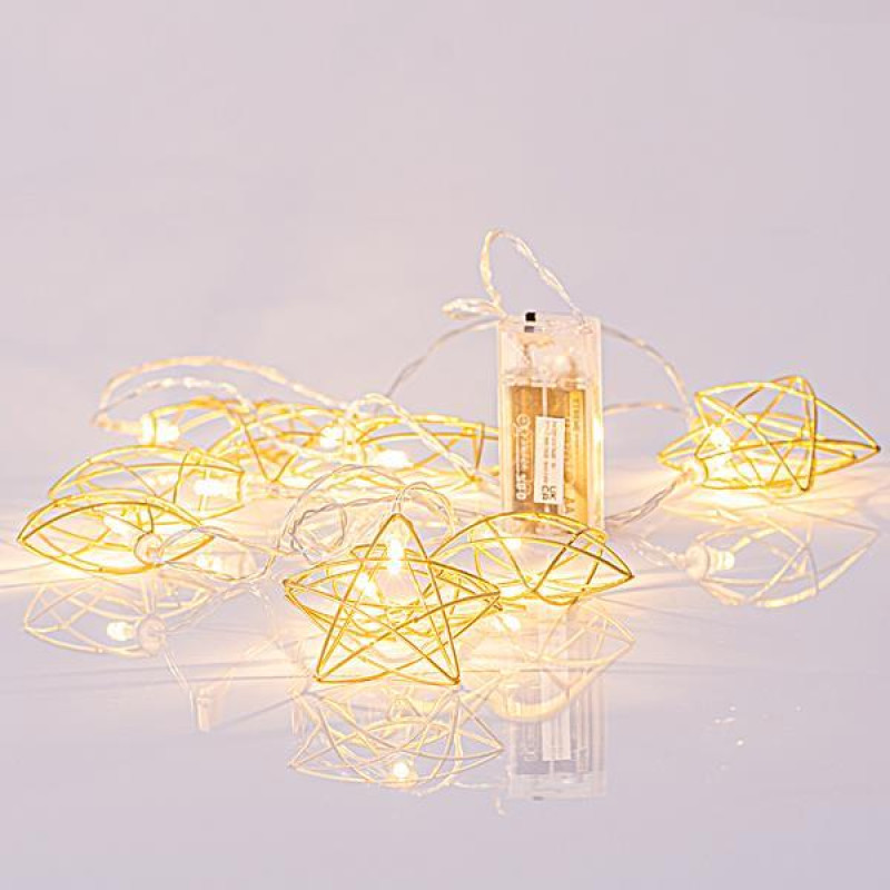 ΣΕΙΡΑ, 10 LED 5mm, ΧΡΥΣΑ ΜΕΤΑΛΛΙΚΑ ΑΣΤΕΡΙΑ, ΜΠΑΤΑΡΙΑΣ 2xAA, ΔΙΑΦΑΝΟ PVC ΚΑΛΩΔΙΟ, ΘΕΡΜΟ ΛΕΥΚΟ LED ΑΝΑ 15cm, ΠΡΟΕΚΤΑΣΗ ΠΑΡΟΧΗΣ 30cm, IP20