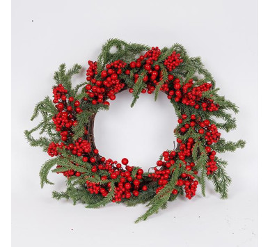 ΣΤΕΦΑΝΙ ΜΕ ΚΟΚΚΙΝΑ BERRIES ΚΑΙ ΚΛΑΔΙ ΕΛΑΤΟΥ, 50cm